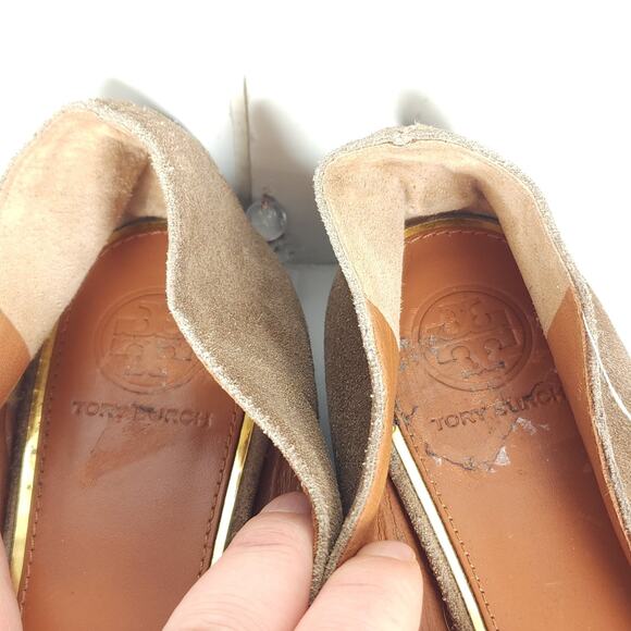 TORY BURCH Women's Metal Miller US8M Taupe Suede Medallion Logo Loafer Flats - Picture 12 of 16